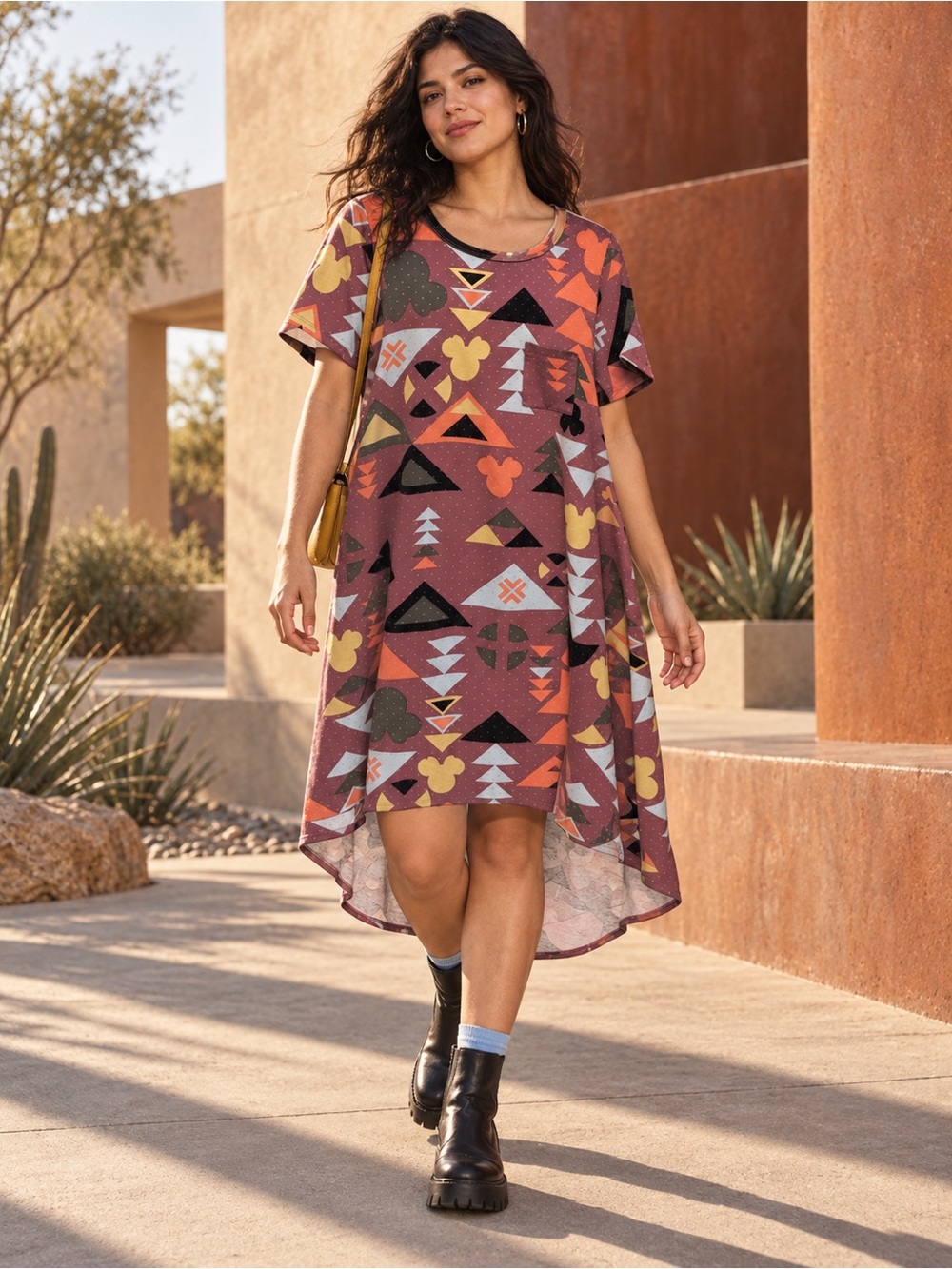 Women’s Short Sleeve Geo-Print High-Low Dress in Rust